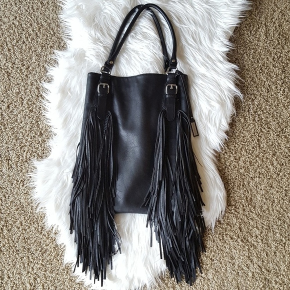 Urban Originals Black Crazy Heart Fringe Tote Bag